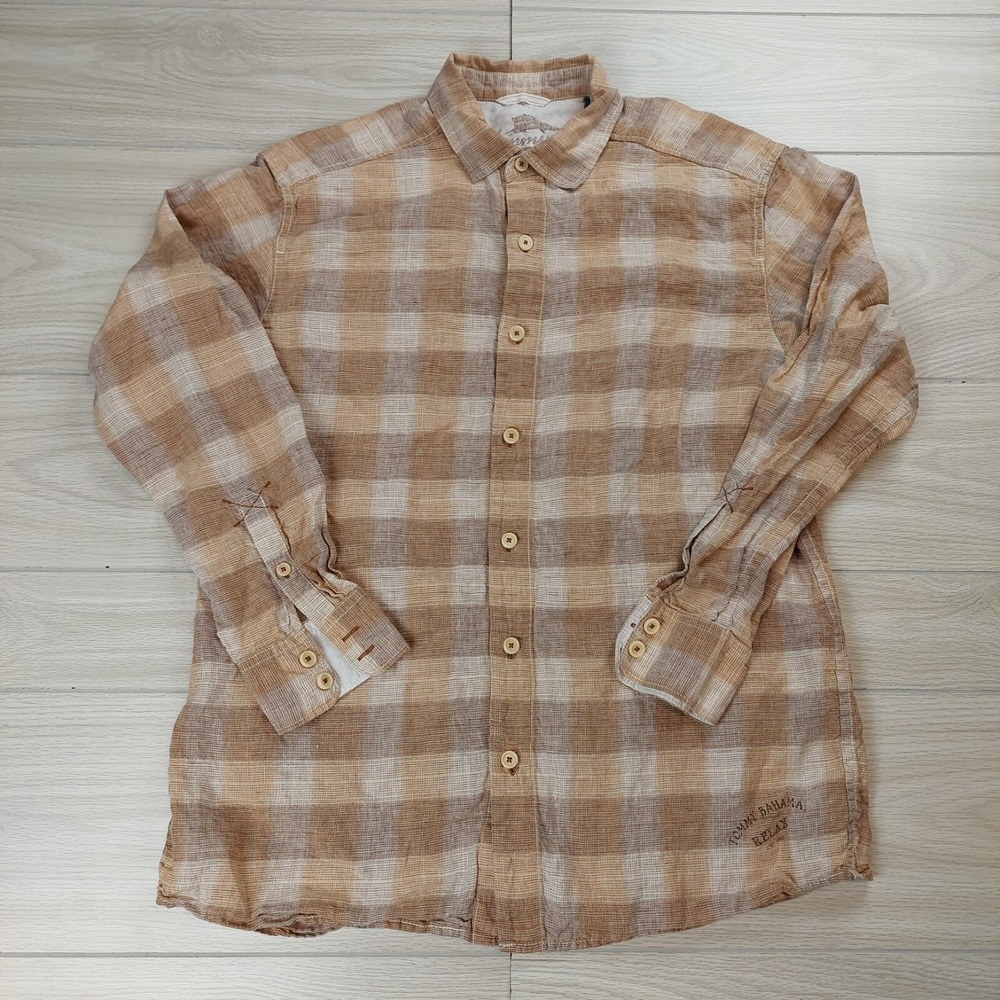 Tommy Bahama Button Down Shirt Mens Large Tan Plaid 100% Linen Relaxed Festive